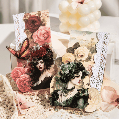 ペーパー 素材紙 アンティーク イラスト メモ紙 レース 花フラワー 薔薇ローズ 30枚入