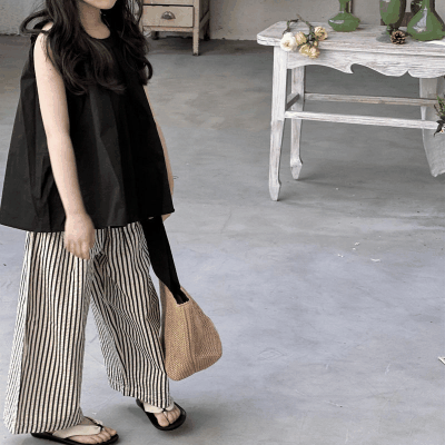 春夏新作 ガールズ 3-8歳 ストライプ柄 ブラウス ガウチョパンツ 袖なし上着 シャツ+ロングズボン 5-13