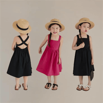 春夏 韓国風子供服 ガール シフトドレス ノースリープ バックレス ワンピース ワンピ 7-15