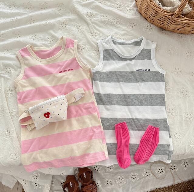 「2024」子供服★ワンピース★袖なし★韓国風子供服★ストライプ★2色★80-130CM