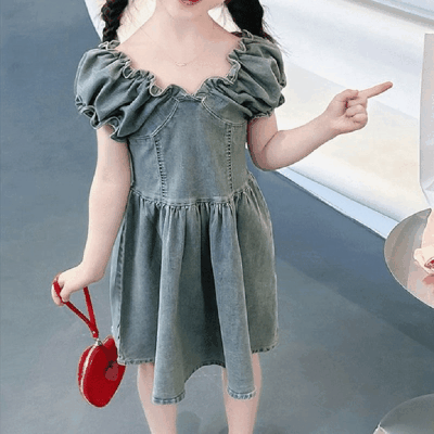 春夏 韓国風子供服 ガール シフトドレス パフ・スリーブ フリル デニム ワンピース ワンピ 7-17