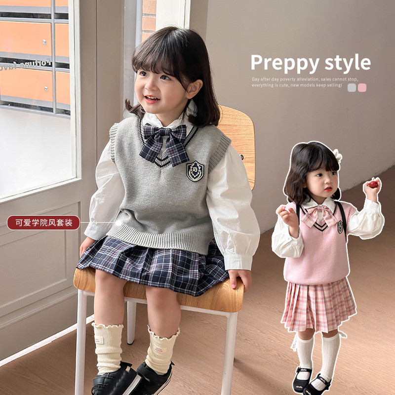 2025年新★子供服　ニットベスト&シャツ+スカート★90cm〜150cm 2色