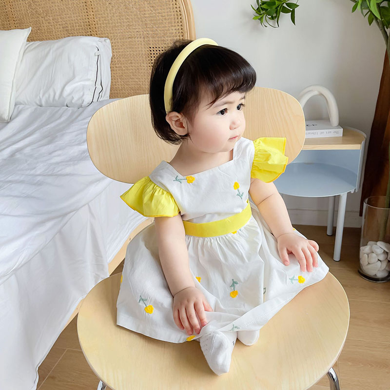 韓国風子供服 お勧め 春夏新作 カバーオール 袖なし連体服 花柄刺繍 フリル スカート付ロンパース 66-100