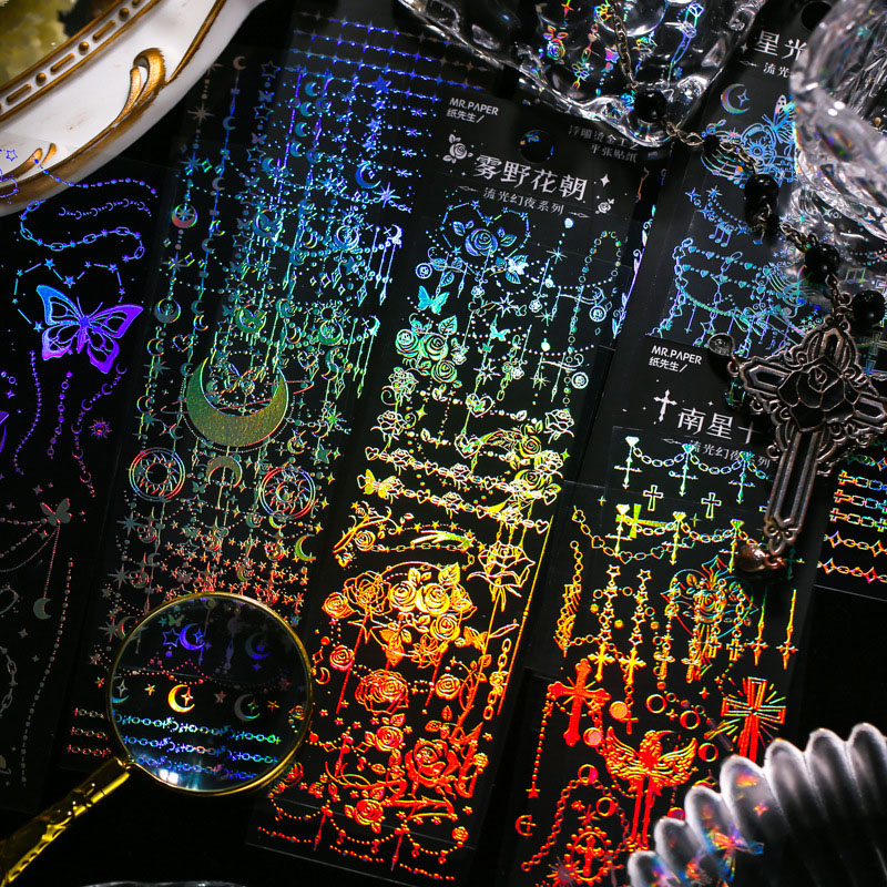 春夏 文具 PVCシール貼紙 手帳素材 封口貼 幾何学 チェーン 蝶 星月薔薇 アンティーク リボン十字架 4枚入