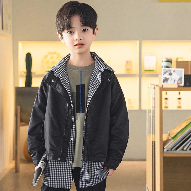 お勧め 春夏新作 子供服 男の子 ジャケット ブルゾン デニム上着 重ね着風 チェック柄 ブラウス 120-170