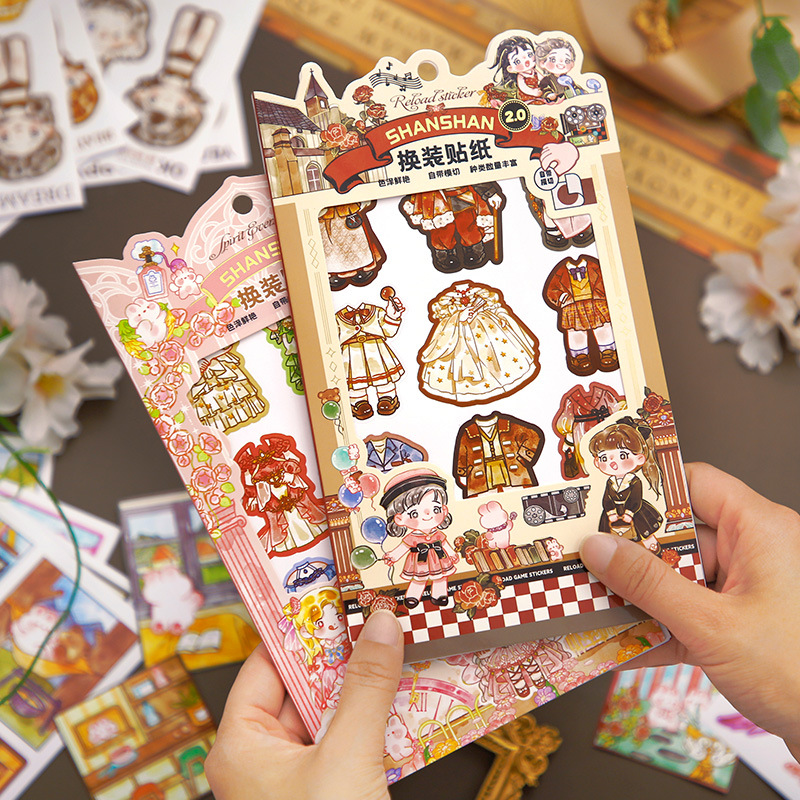春夏新作 文具 手帳素材 封口貼 PET+紙シール貼紙 キラキラ 幾何学ラベル 少女仮装着せ替え服 動物 24枚入