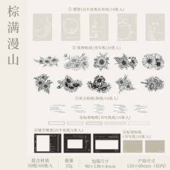 カフェ風  文具 シール貼紙 封口貼 アンティーク 手帳素材 素材紙メモ紙 枠 植物花葉 幾何学ラベル 60枚入