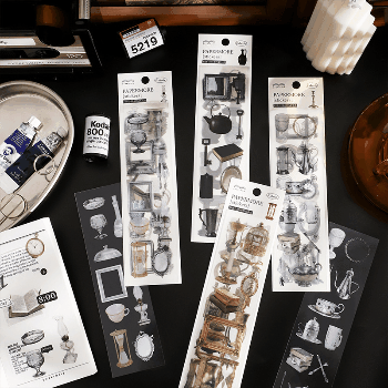 文具 PETシール貼紙 手帳素材 アンティーク 封口貼 中古 日用雑貨 瑠璃ガラス 灯杯壺 幾何学 6枚入