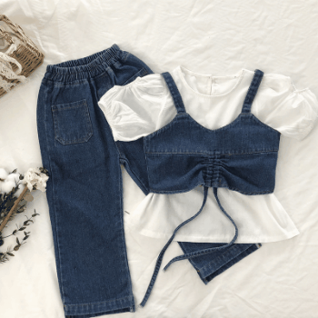 お勧め 春夏新作 子供服 3-8歳女の子 上着 ブラウス デニム シャツ+キャミソール+ワイドパンツ 90-140