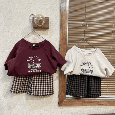 お勧め 春夏 韓国風子供服男女 Tシャツ+パンツ 半袖上着 チェック柄ショートパンツ プルオーバー80-150