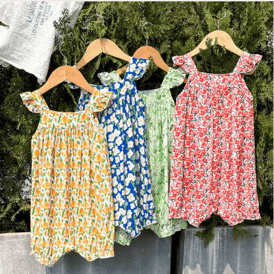 ガールズ サマー キッズ ジャンプスーツ ノースリープ ボタニカル ワイドパンツ サスペンダー 90-140