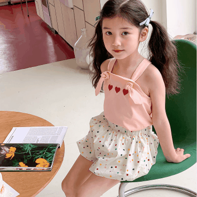 お勧め 春夏新作 韓国風子供服 シャツ キャミソール ハート ブラウス ショートパンツ ドット柄 7-15