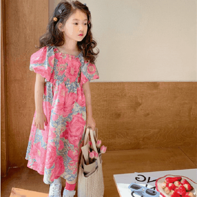 お勧め 春夏 韓国風子供服 ガール ボタニカル パフスリーブドレス ワンピース ゆったり ワンピ 7-15