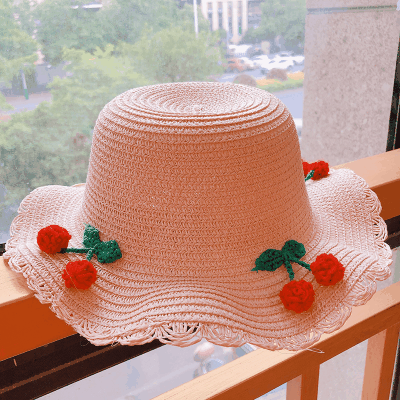 ハワイ 春夏 キッズ 少女 ストローハット 麦わら帽子 日焼け止め カンカン帽 草編み ビーチ海 サクランボ