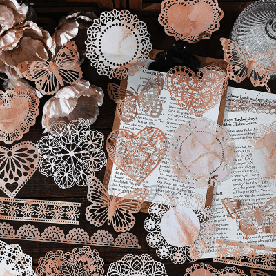 カフェ風 素材紙メモ紙 アンティーク ラベル 植物花葉 花柄レース ハート バタフライ イラスト 10枚入