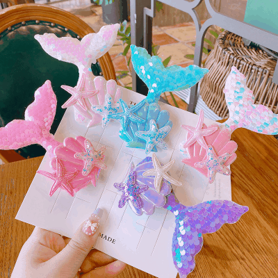 春夏 キッズ用 ガールズ ヘアクリップ ヘアピン 海洋 アクリル ヒトデ貝殻 人魚姫 マーメイド スパンコール