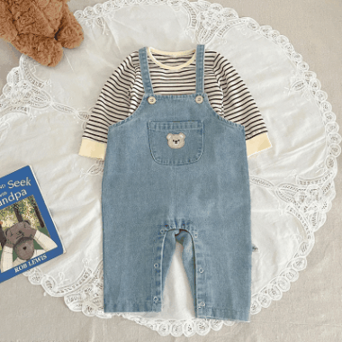 秋冬新作 ユニセックス 連体ズボン オシャレ春秋 サロペット デニム ボーダー柄 Tシャツ+パンツ 66-100