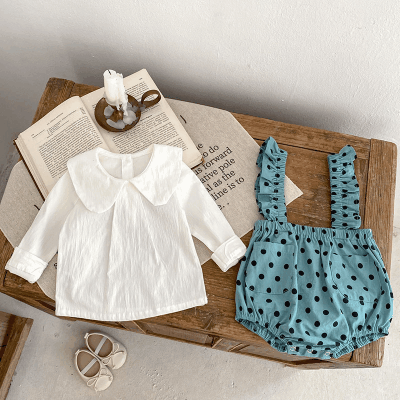 オシャレ春秋 ガールズ ショートパンツ ブラウス フリル ドット柄 サロペット シャツ 吊りパンツ 66-100