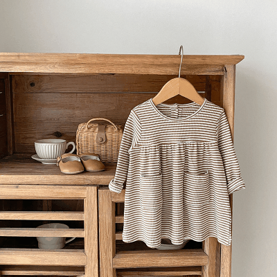 オシャレ春秋 秋冬新作 1-3歳ガールズ ボーダー柄 ニット シフトドレス ワンピース 73-110