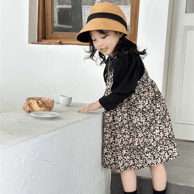 オシャレ春秋 ガールズ ビショップ・スリーブ 花柄 シフトドレス Tシャツ+ジャンパースカート 5-13