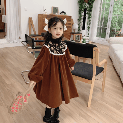 オシャレ春秋 ガールズ 子供服 シフトドレス フリル ワンピース ベルベット 花柄 ワンピ 90-140