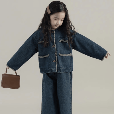 秋冬新作 オシャレ春秋 ガールズ 子供服 デニム ブルゾン ジーンズ ジーパン ジャケット+パンツ 7-15