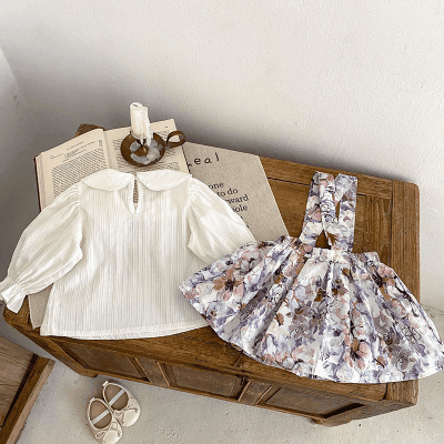 オシャレ ガールズ 秋冬新作 刺繍ブラウス フリル 花柄 サロペットスカート シャツ+吊りスカート 66-100