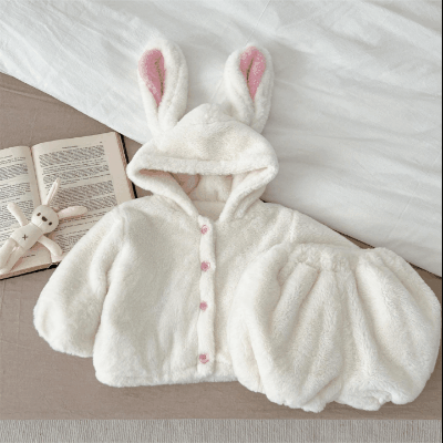 秋冬新作 ガールズ ベビー服 ふわふわボア ショートパンツ 厚手 フード付ジャケット+パンツ 73-110