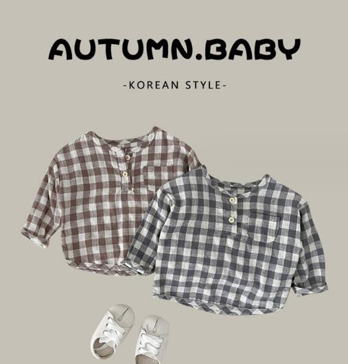 「2023秋」子供服★トップス★Tシャツ★長袖★韓国風子供服★チェック柄★2色★66-100CM
