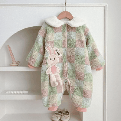 秋冬新作 ガールズ 連体服 チェック柄 兎 裏ボア裏起毛 防寒 厚手 ロンパース カバーオール 66-100