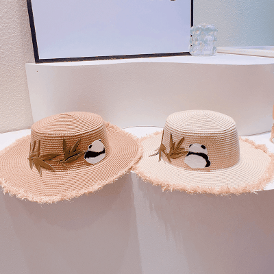 ハワイ 春夏 大人も子供 キッズ少女 ストローハット 麦わら帽子 日焼け止め 草編み ビーチ海 パンダ 竹