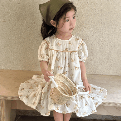 韓国風子供服 春夏 子供服 森系 ワンピース ハーフ・スリーブ フリル シフトドレス 花柄ワンピ 80-150cm
