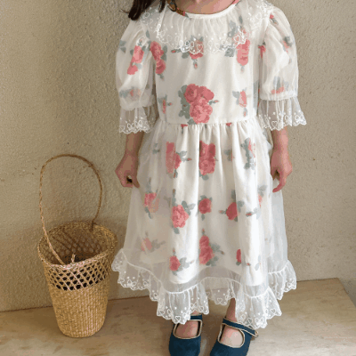 韓国風子供服 キッズ春夏 花柄 レースフリル ワンピース ハーフスリーブ ワンピ チュールスカート 90-120cm
