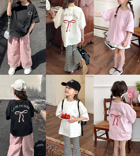 2024夏新作★リボン柄  Tシャツ★ゆったり  半袖  シャツ★韓国風子供服★4色90-150CM