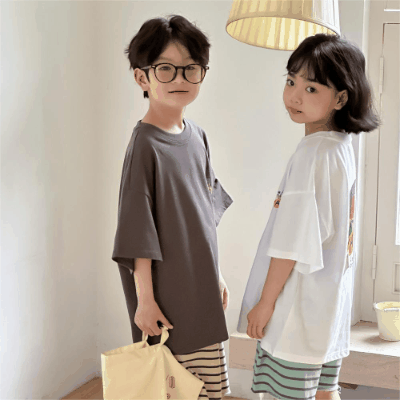 2024春夏 韓国風子供服 姉妹兄弟コーデ ユニセックス子供服 プリント Tシャツ トップス 90-150cm 2色