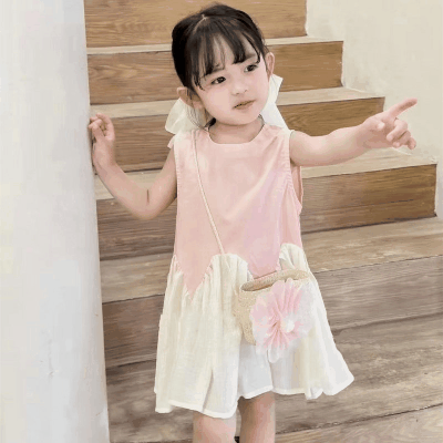 春夏 韓国風子供服 ガール シフトドレス ギャザースカート ドッキング ワンピース ワンピ 5-13