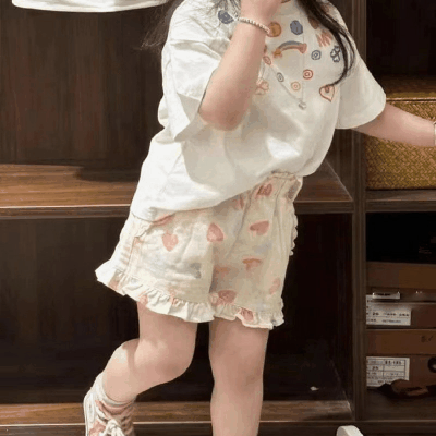 韓国風子供服 春夏 ガールズ 3-8歳 ハート ショートパンツ ハーフスリーブ上着 Tシャツ +ズボン 5-13