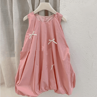 韓国風子供服 キッズ ガール シフトドレス ノースリープ リボン コクーンスカート ワンピース ワンピ 7-17