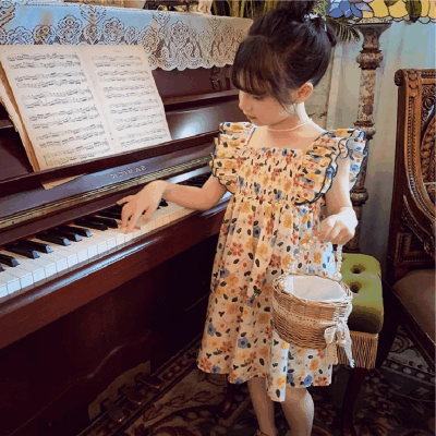 春夏 韓国風子供服 キッズ ガール シフトドレス フリル 花柄 バックレス ワンピース ワンピ 7-15