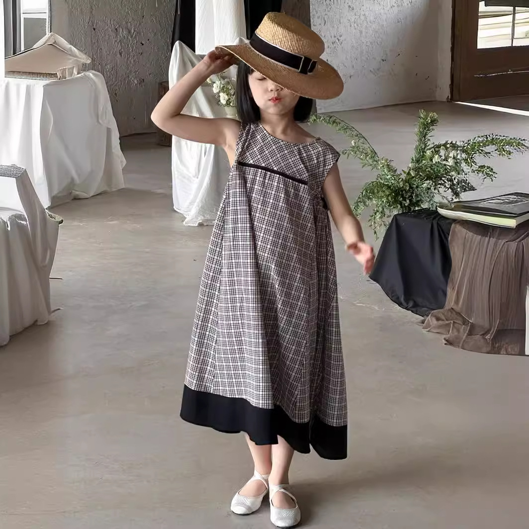 春夏 韓国風子供服 ガール シフトドレス ノースリープ チェック柄 ワンピース ワンピ 90-150