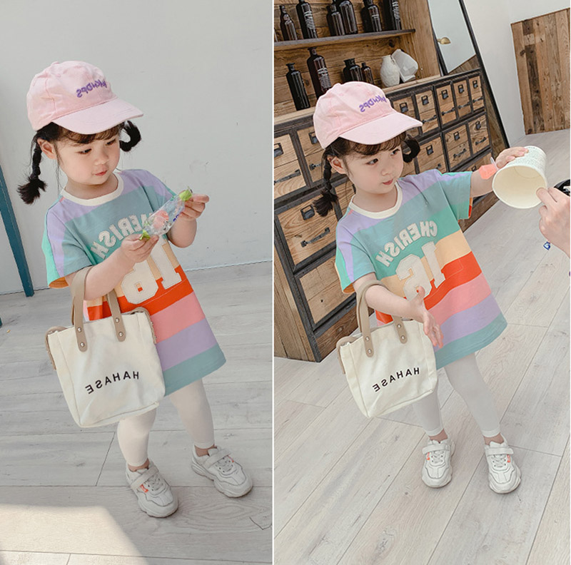 お勧め キッズ 春夏新作 子供服 3-8歳女の子 ボーダー柄虹 ロングTシャツ 半袖ワンピ ワンピース 7-15