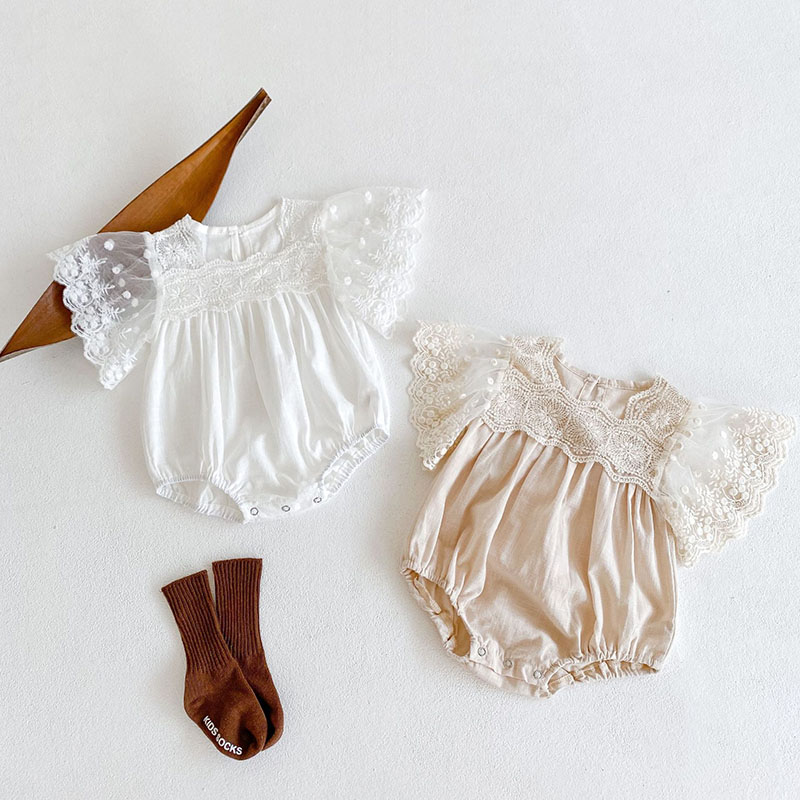 お勧め 春夏新作 子供服 カバーオール 女の子 連体服 花柄刺繍レース フリル ロンパース 66-90