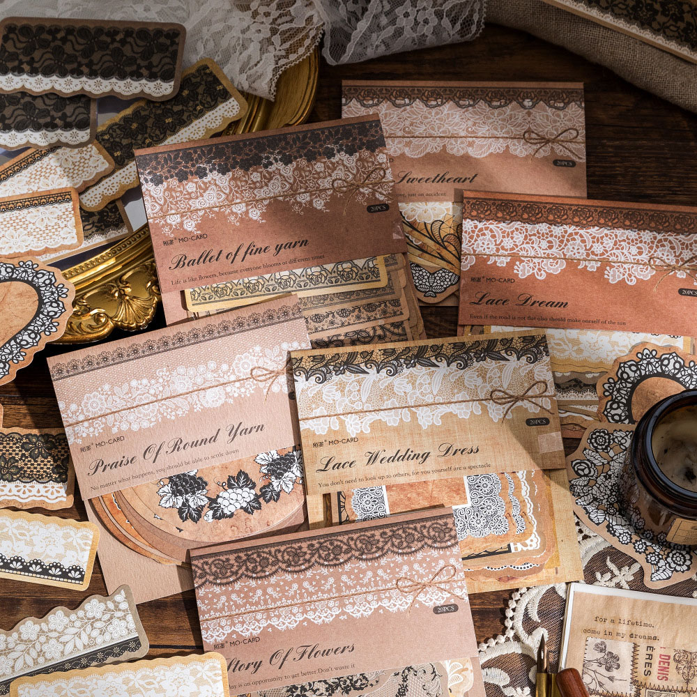 文具 シール貼紙 手帳素材 封口貼 アンティーク 春新作 植物花葉蝶 幾何学ラベル レース ハート 20枚入