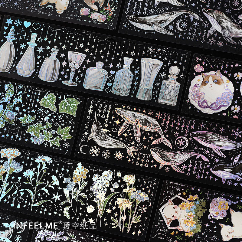 春夏新作文具 PETシール貼紙 封口貼 手帳素材 アンティーク 熊兎猫羊鯨 植物花葉蝶 ガラス瓶 幾何学 3枚入