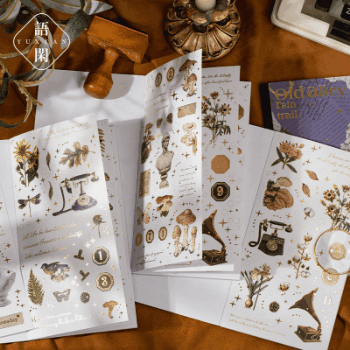 春夏 文具 シール貼紙 手帳素材 封口貼 アンティーク 中古雑貨 植物花葉蝶キノコ 天使 幾何学 24枚入