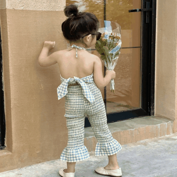 お勧め 春夏新作 子供服女の子 リボン チェック柄 キャミソール ベルボトム 袖なし上着+パンツ 90-140