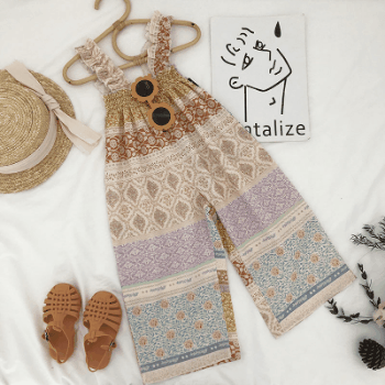 お勧め 韓国風春夏新作 子供服女の子袖なし連体服 エスニック ワイドパンツ 花柄 レトロ 連体ズボン90-140