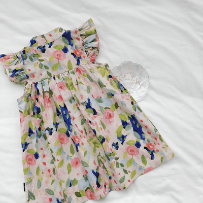 サマー ガールズ ボタニカル キッズ シャツドレス ワンピース プリント フリル ノースリープ ワンピ 90-140