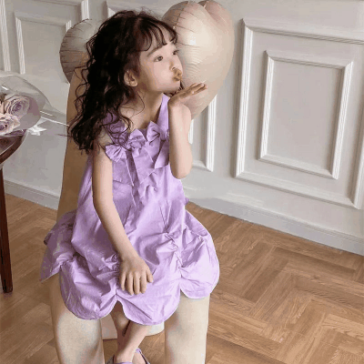 お勧め 春夏 韓国風子供服 ガール リボン ノースリープドレス ワンピース フリル ワンピ 7-15