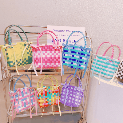 お勧め 春夏 キッズ子供 ポシェット かごバッグ 編みバッグ チェック柄 ハンドバッグ ピンキーカラー8色